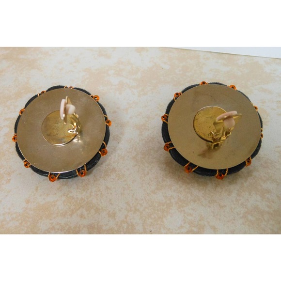 Vintage Black Velvet Clip On Earrings , Large Pink Rhinestone - Picture 5 of 7